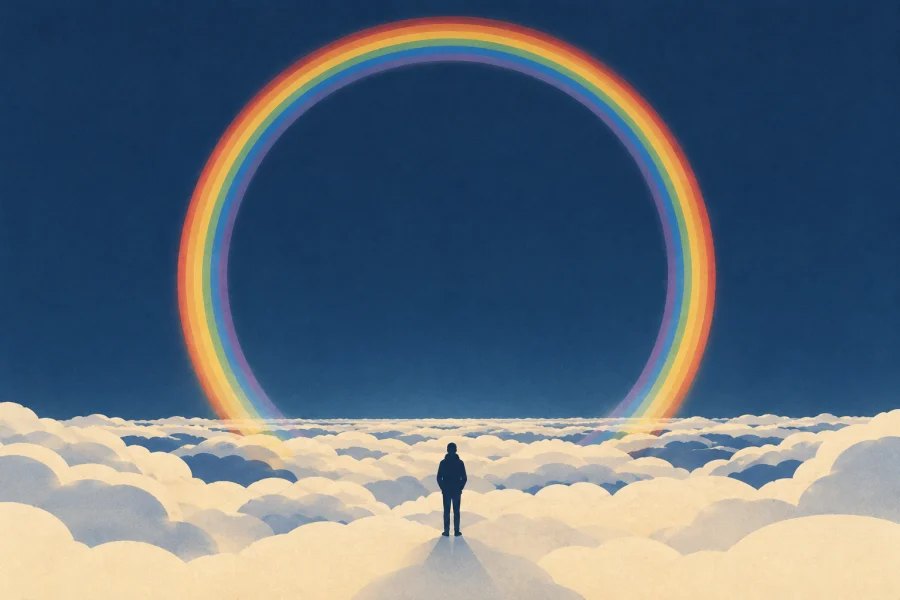 A complete circular rainbow above clouds, viewed from a high vantage point with a small observer below it.