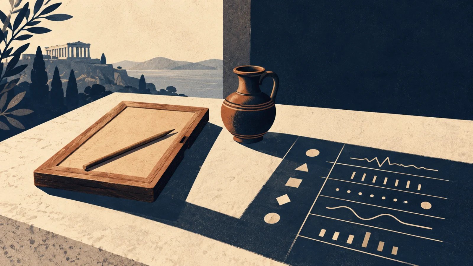 Ancient writing tablet and water vessel beside abstract medical observations