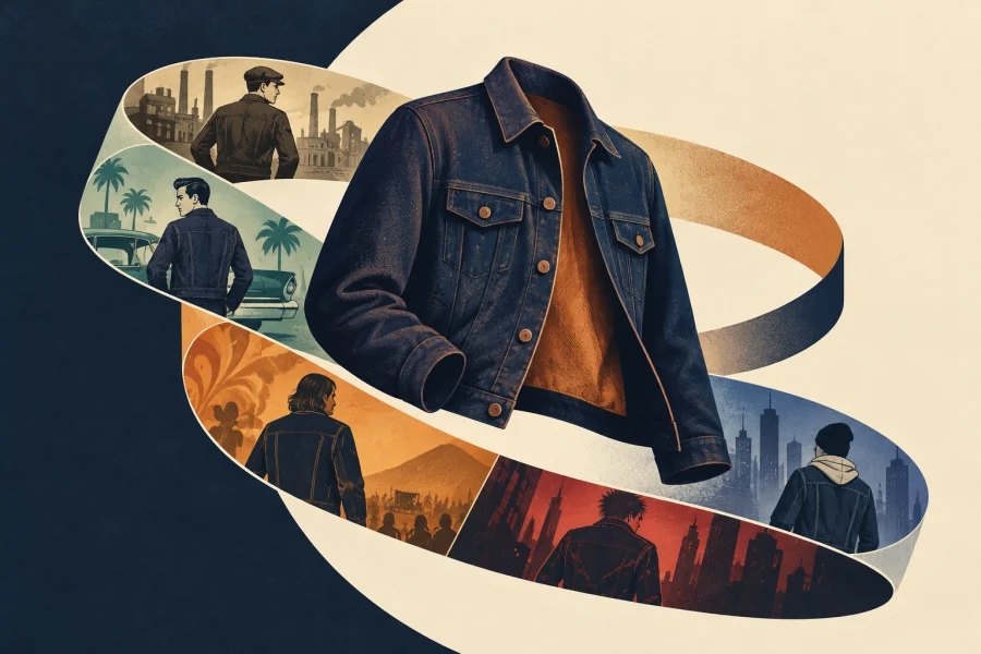 a vintage jacket silhouette returning through a circular ribbon of decades