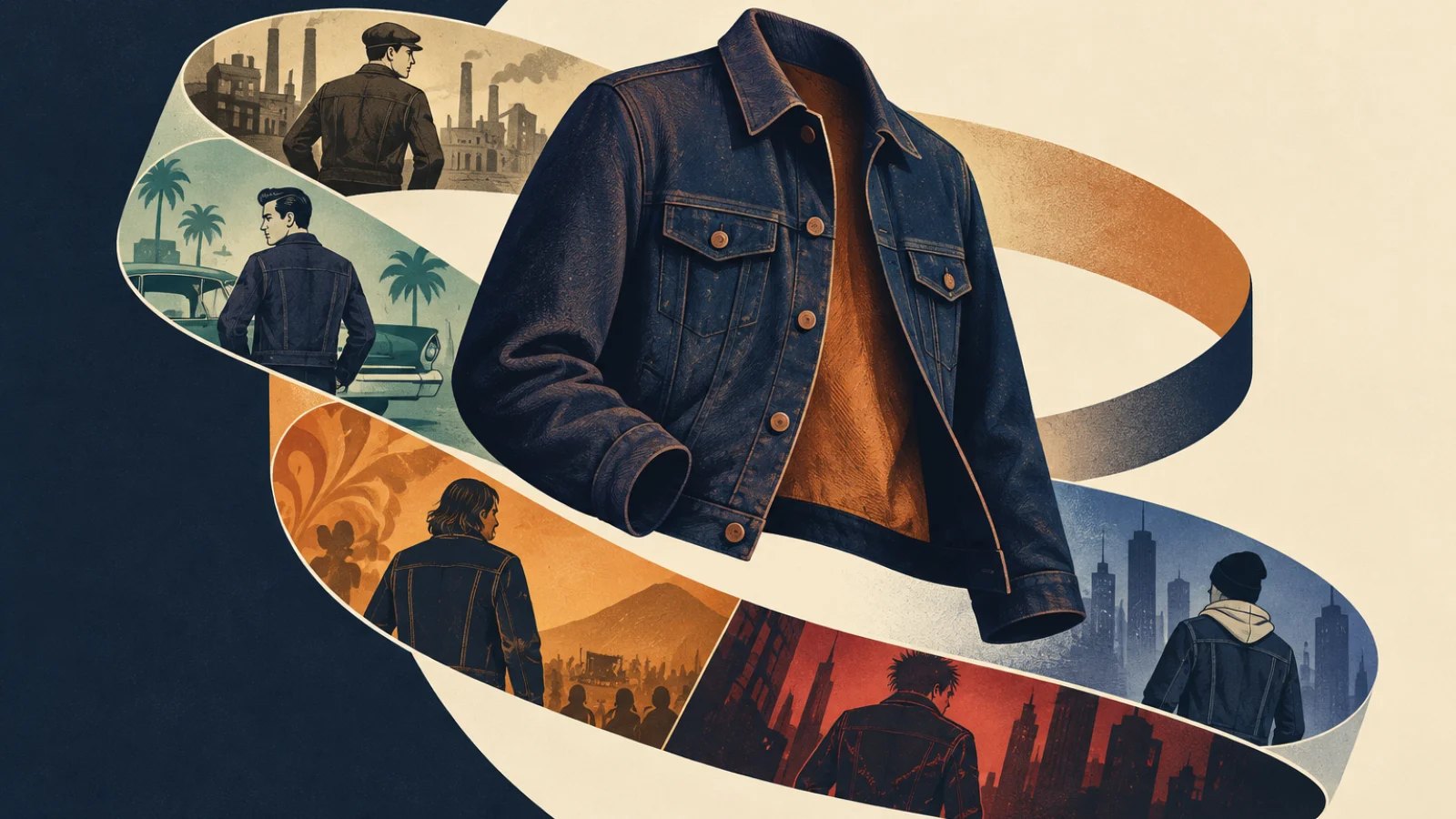a vintage jacket silhouette returning through a circular ribbon of decades
