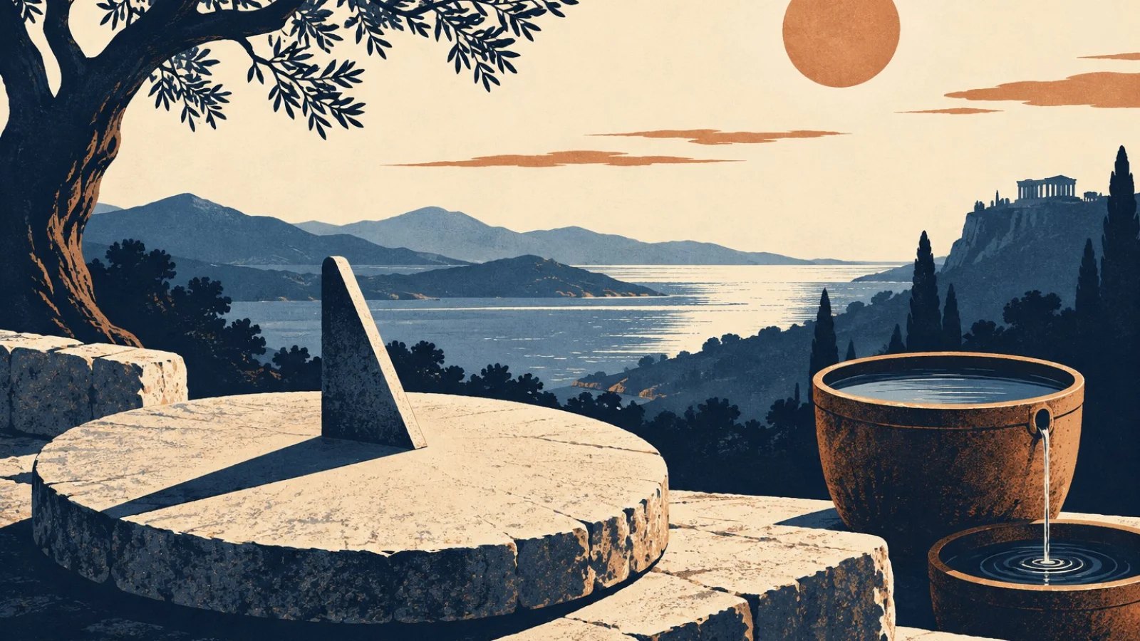 A stone sundial casts a long shadow beside a simple water clock under the Sun.