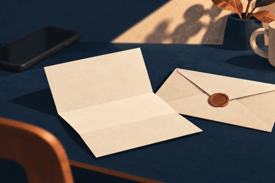 Blank folded letter and sealed envelope on a desk with a smartphone set aside