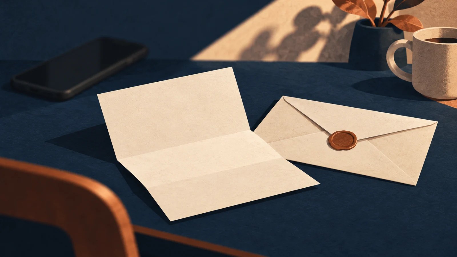 Blank folded letter and sealed envelope on a desk with a smartphone set aside