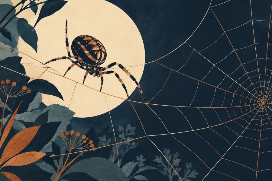 orb spider stepping delicately across its geometric web