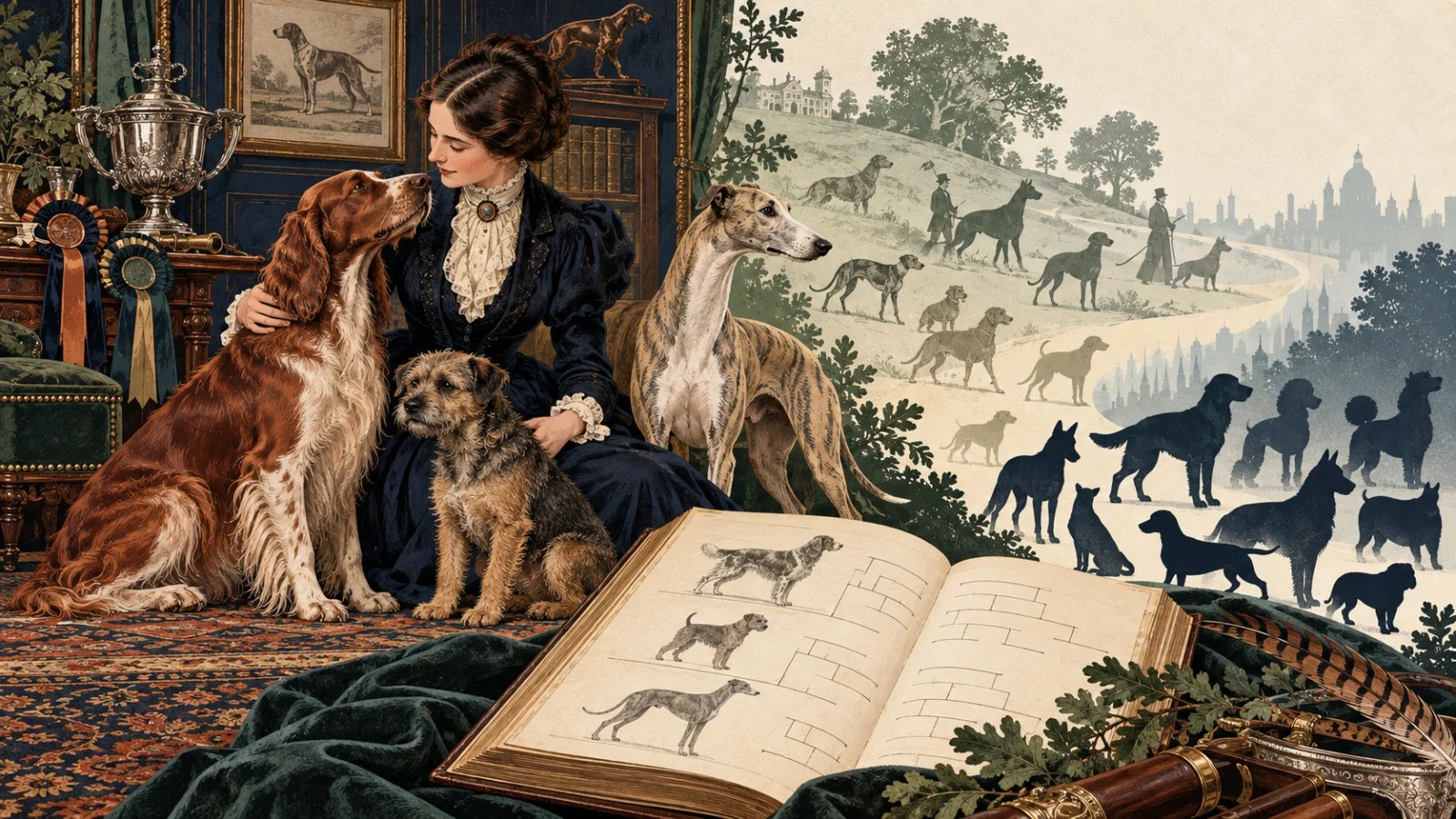 Victorian dog owner with several breeds, dog-show rosettes and a stud book