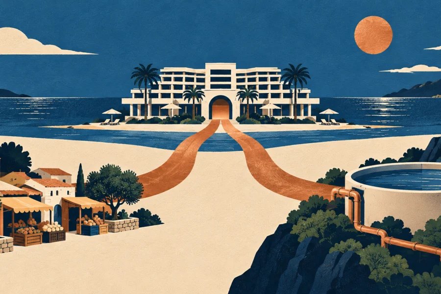 Seaside resort linked by copper paths to a local market and a water reservoir