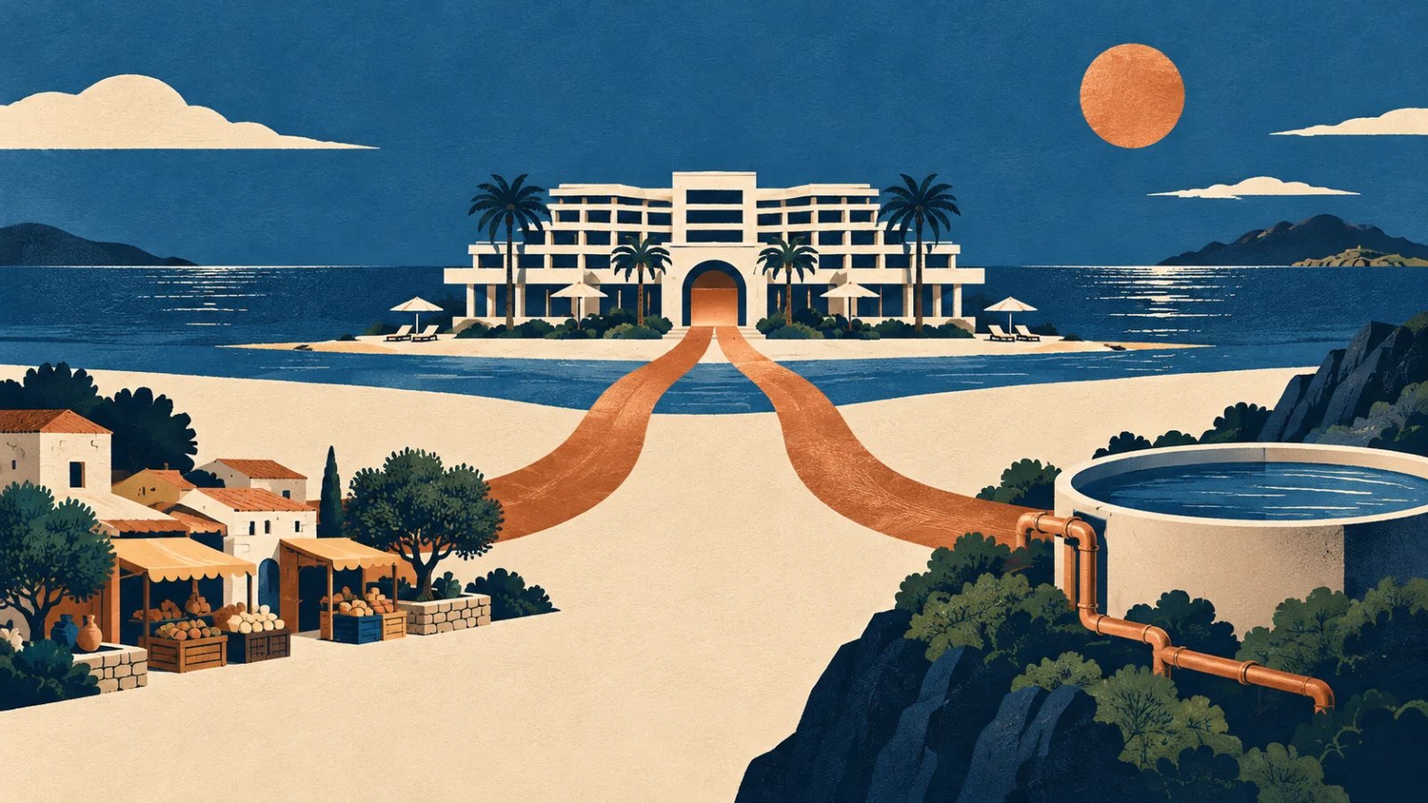 Seaside resort linked by copper paths to a local market and a water reservoir