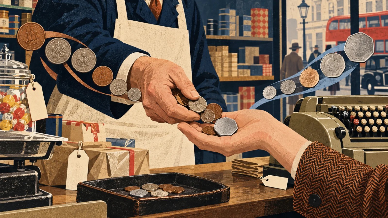 Editorial illustration of a 1971 British shopkeeper handing over old and new coins at the counter.