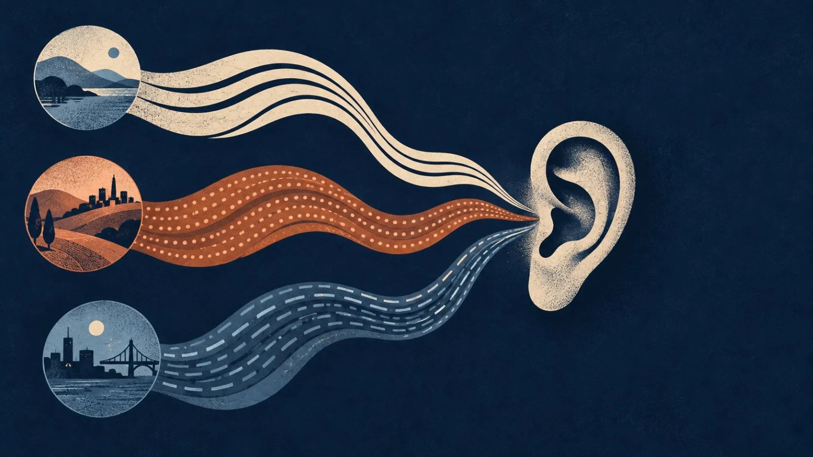Three differently patterned voice ribbons travel from distinct places towards a listening ear