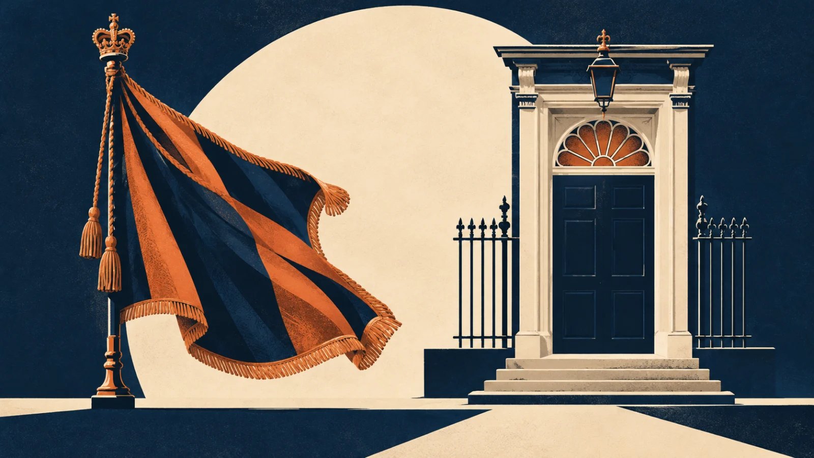 Regimental colour beside a parliamentary doorway in a navy, cream and copper editorial illustration