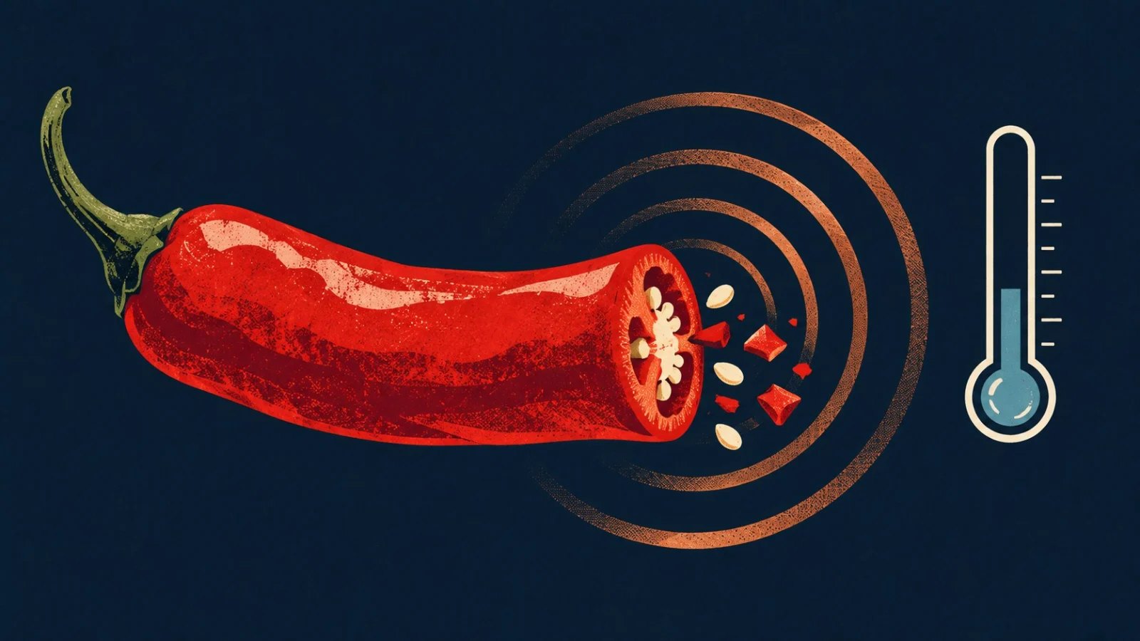A red chilli emits copper signal rings beside a cool blue thermometer
