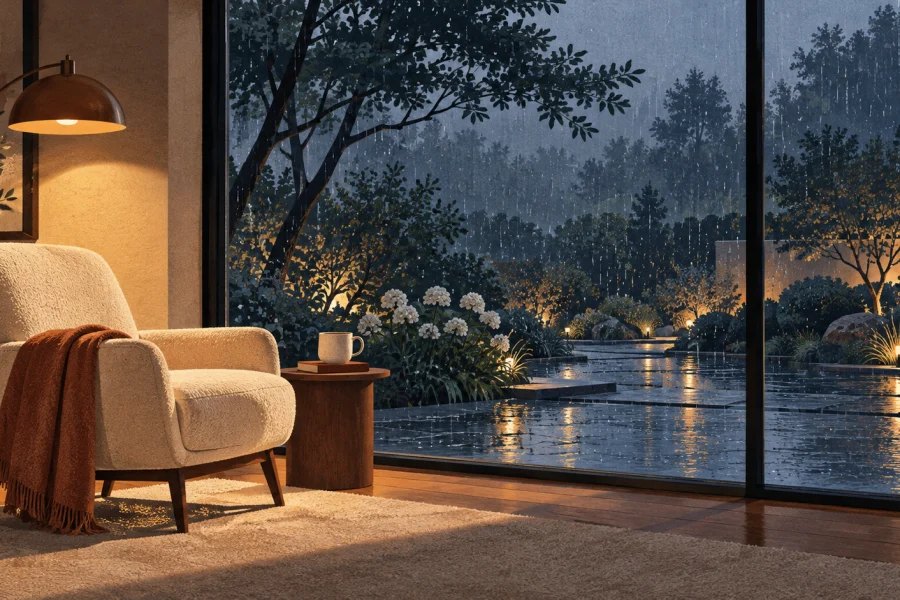 Original editorial illustration for Why Can Rain Outside Make Us Feel Cosy Indoors?
