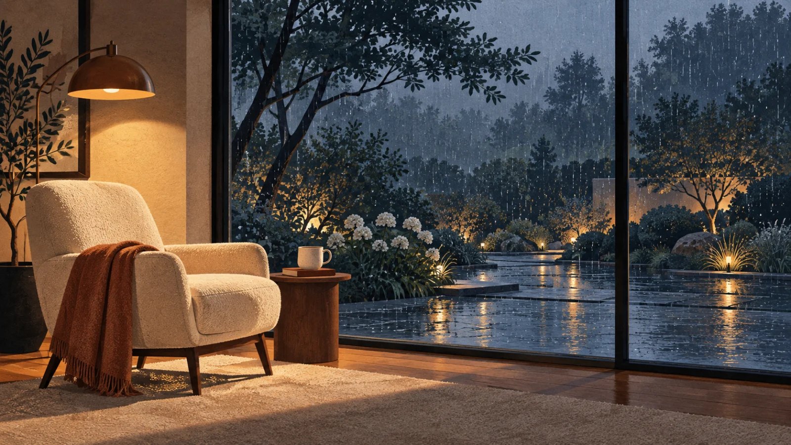 Original editorial illustration for Why Can Rain Outside Make Us Feel Cosy Indoors?