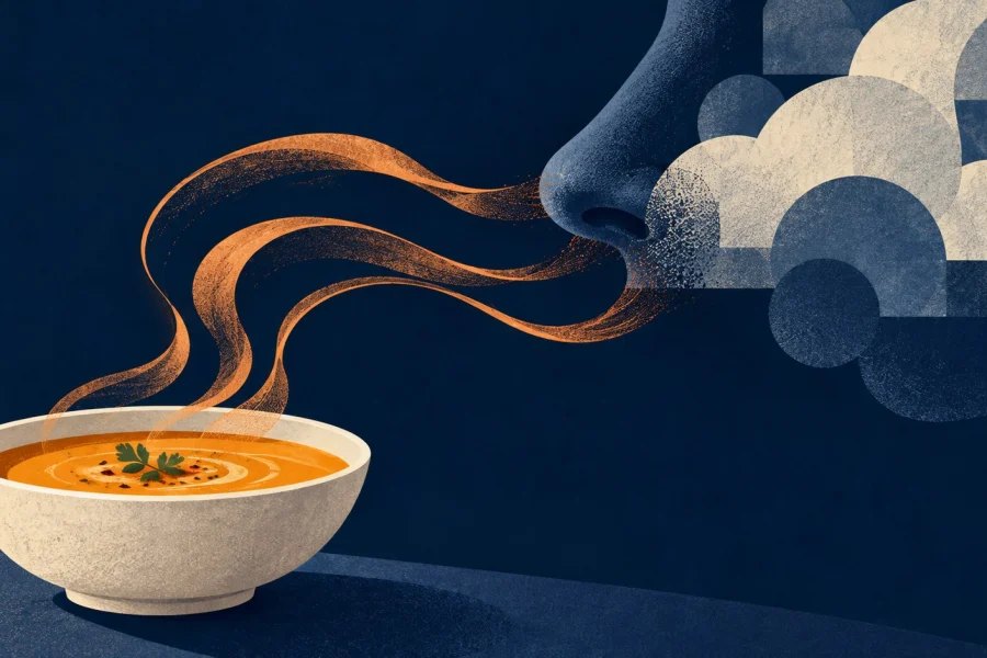 A bowl of soup sends copper aroma ribbons towards a nose partially covered by a cloud