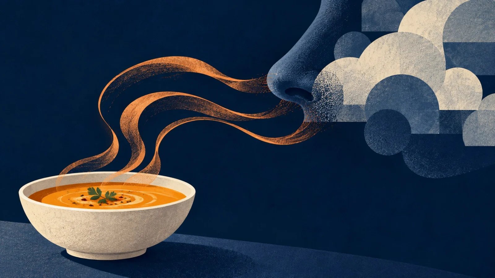 A bowl of soup sends copper aroma ribbons towards a nose partially covered by a cloud