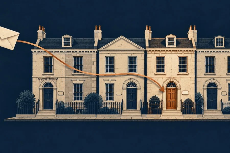 A letter's route passes a row of townhouses and points to one highlighted front door