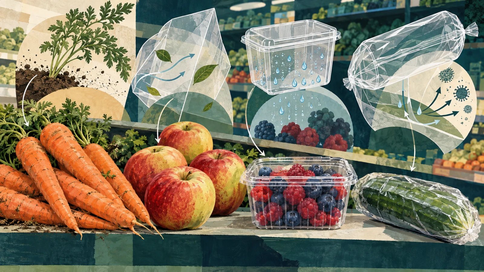 Loose fruit and vegetables beside packaged berries and cucumber in a supermarket illustration