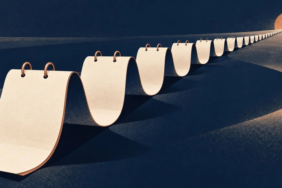 A ribbon of blank calendar pages curves into the distance, its broad early folds becoming closely spaced later ones.