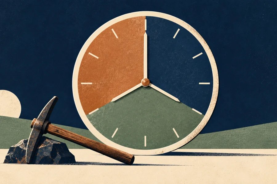 Clock divided into three equal coloured sections beside a worker's tool