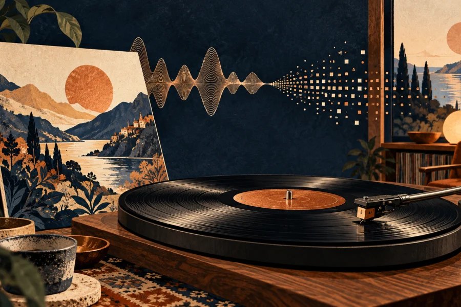 Vinyl record on a turntable beside a waveform changing into digital samples