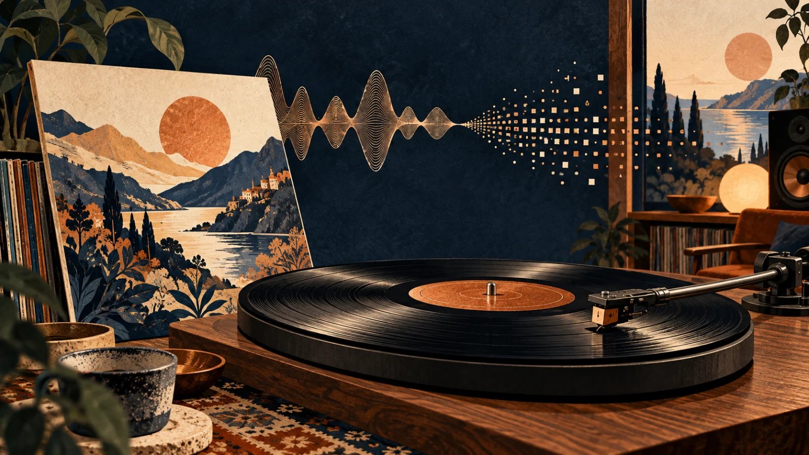 Vinyl record on a turntable beside a waveform changing into digital samples