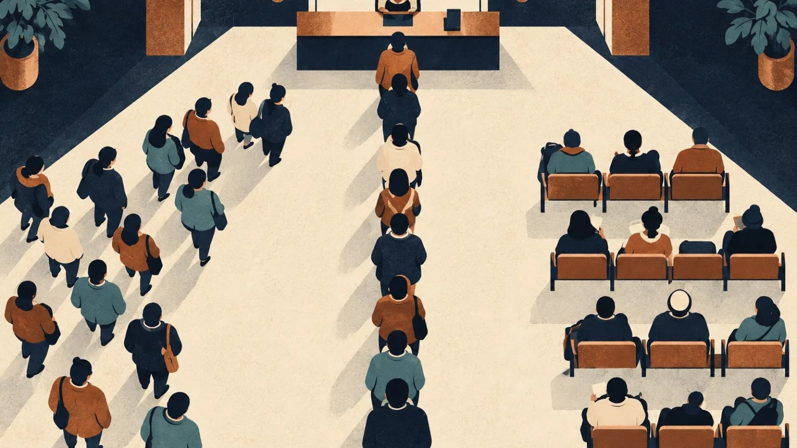People wait for the same service in a straight line, a loose cluster and a seated group.