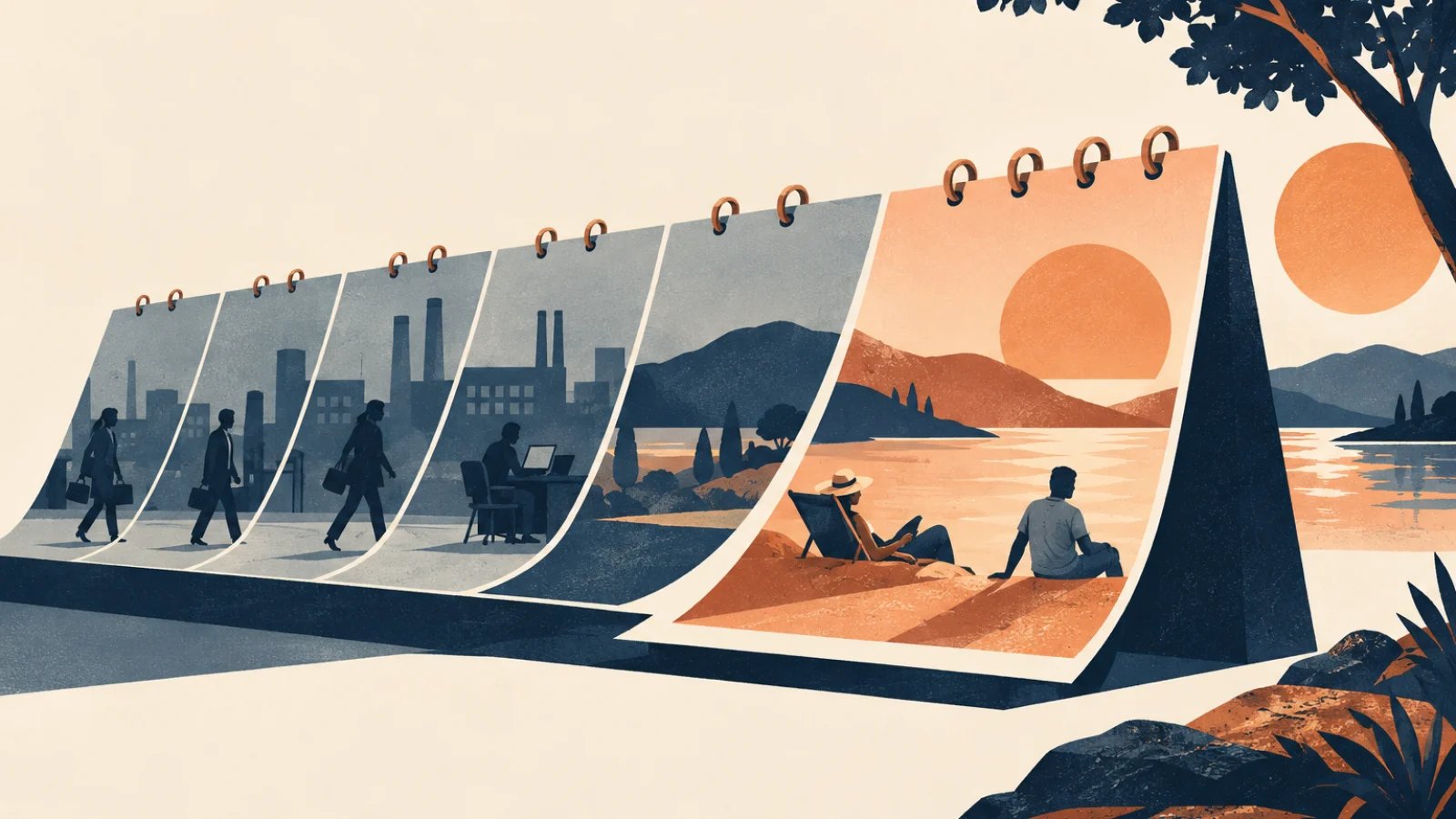 Illustration of a calendar changing from workdays to a weekend
