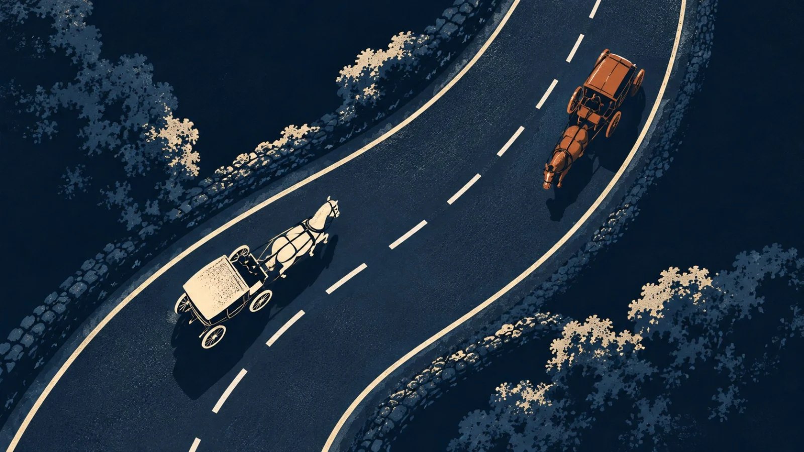 Two horse-drawn carriages travel on the left-hand sides of a curving two-lane road
