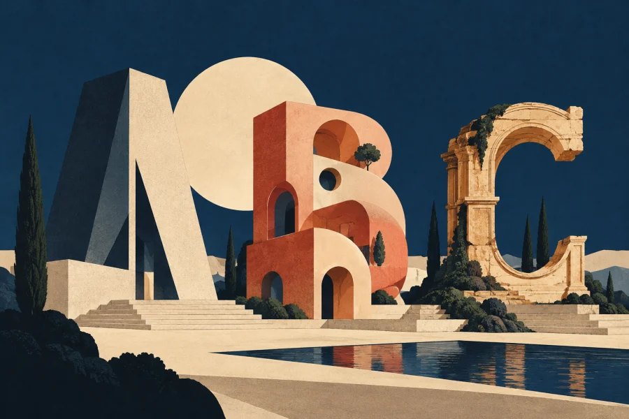 Illustration of three letterforms with contrasting visual personalities