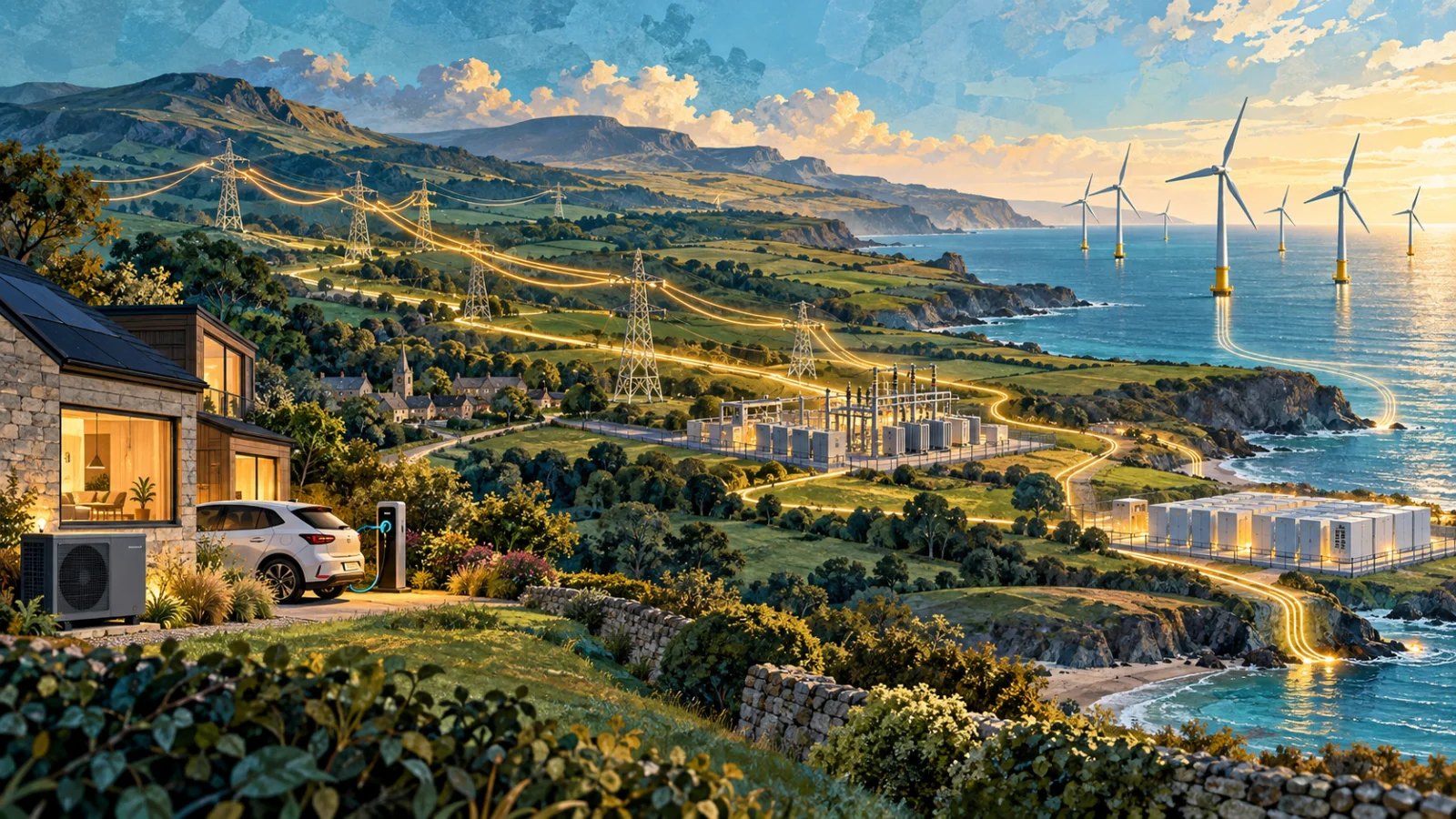 Homes, electricity lines, a substation and offshore wind turbines connected across a landscape