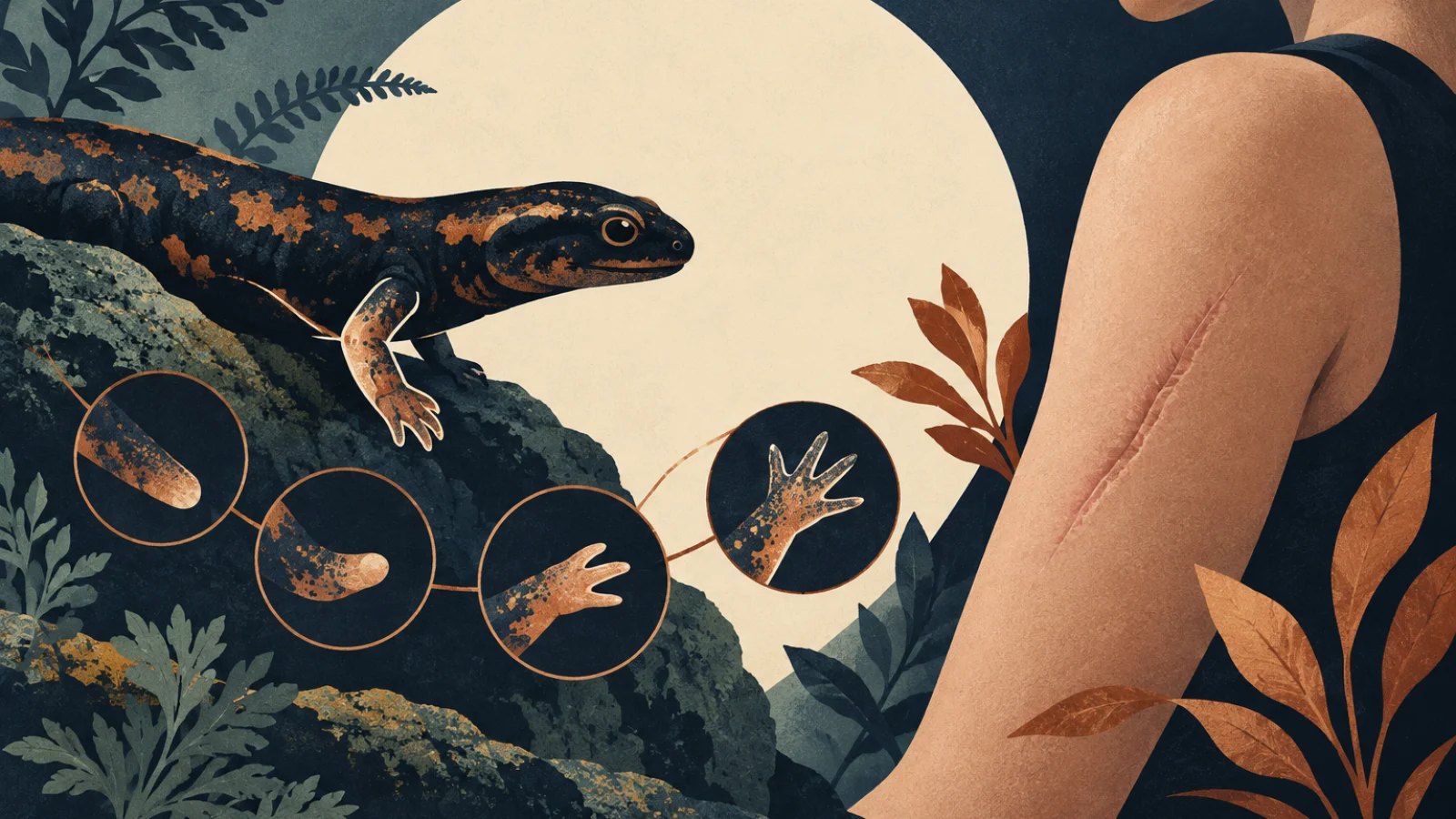 salamander limb regrowth beside a human healing scar, schematic and non-graphic