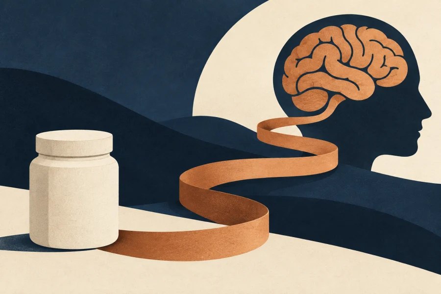 A plain treatment jar connects by a curved ribbon to a stylised brain, illustrating the role of expectation in pain.