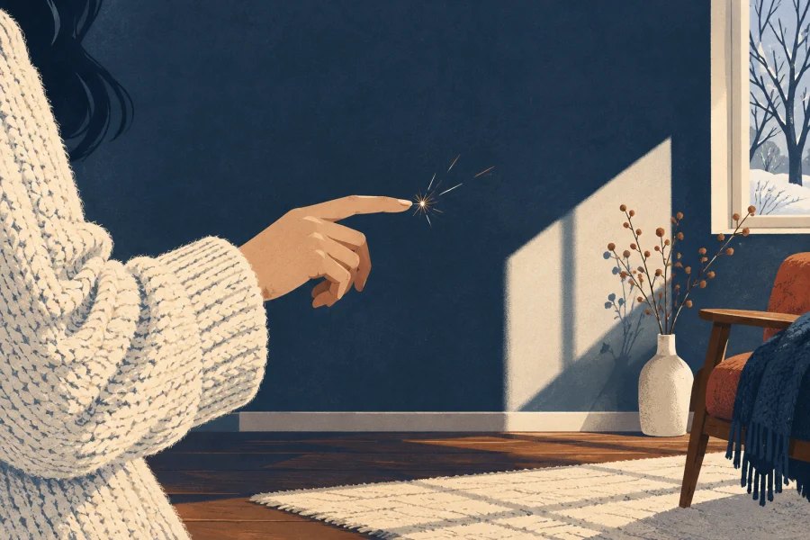 A small static spark jumps from a finger in a dry winter room