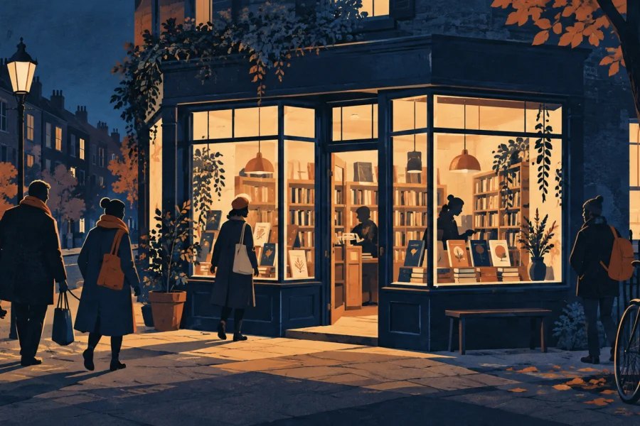 Warmly lit neighbourhood bookshop with books in the windows and people gathering outside