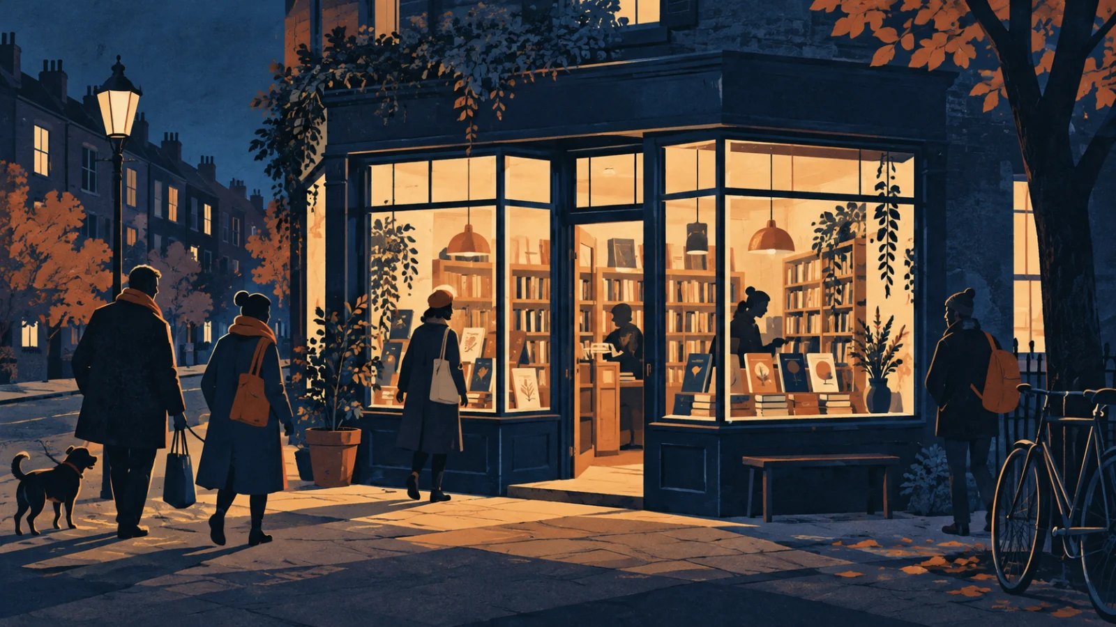 Warmly lit neighbourhood bookshop with books in the windows and people gathering outside
