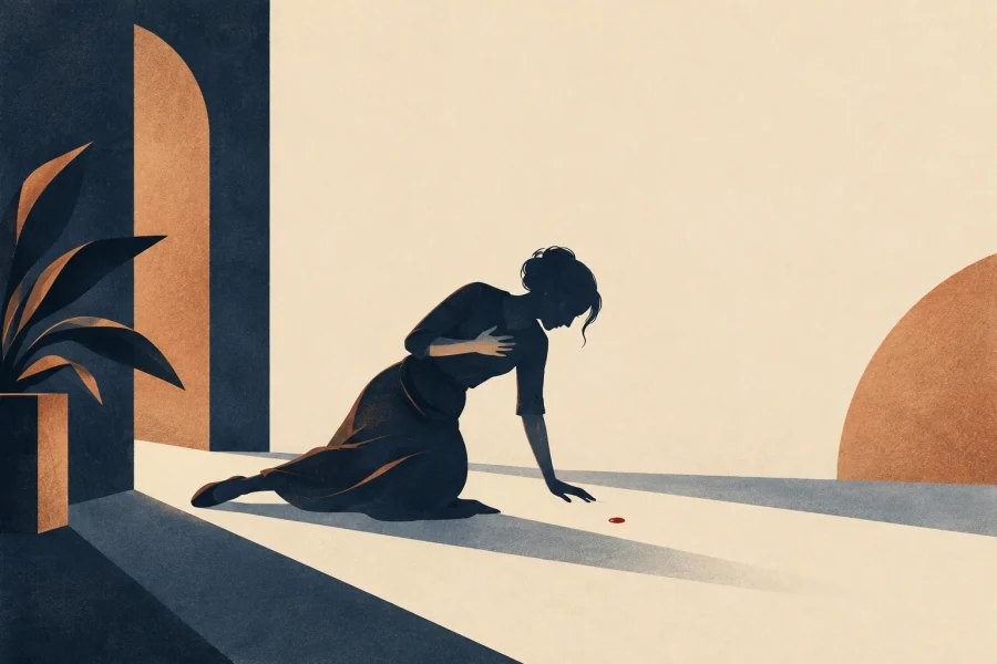 a fainting silhouette beside a tiny red drop, medical and non-graphic