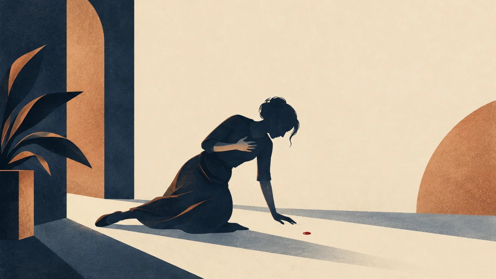 a fainting silhouette beside a tiny red drop, medical and non-graphic