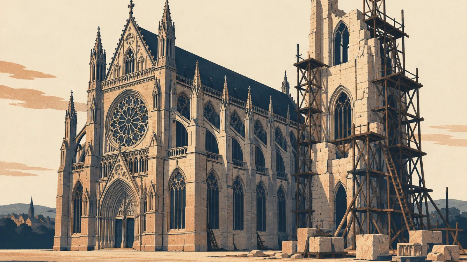 An illustrated Gothic cathedral with one tower unfinished and surrounded by timber scaffolding.