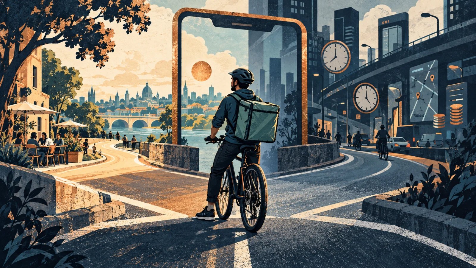 Bicycle courier at a fork between flexible work and app-directed city routes