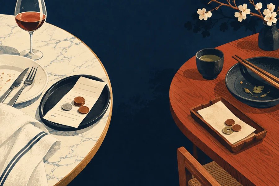 small coins and a restaurant bill shown in contrasting cultural table settings