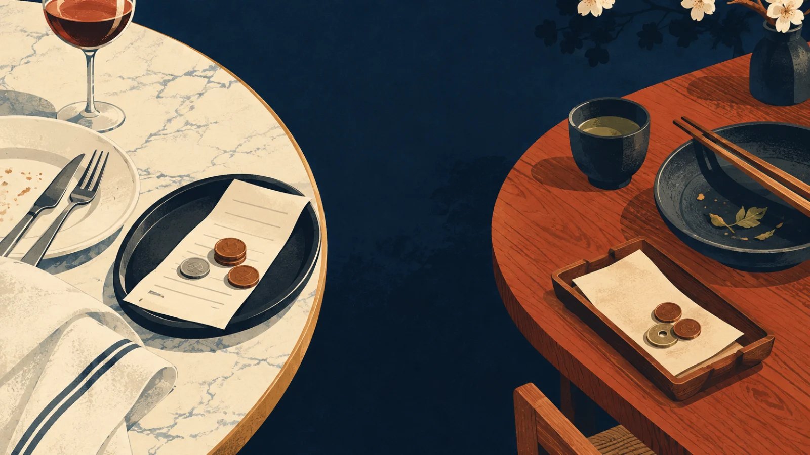 small coins and a restaurant bill shown in contrasting cultural table settings