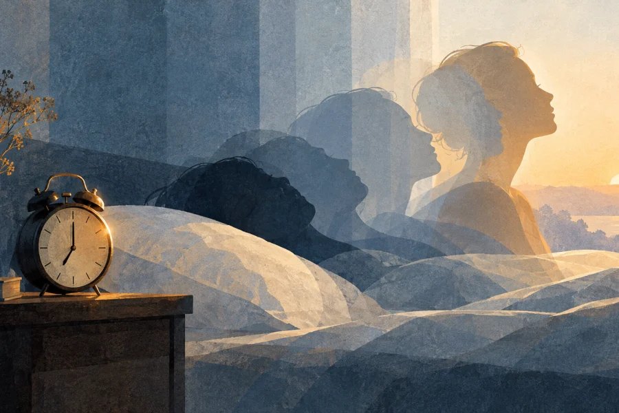 Illustration of a person waking beside an alarm clock with layered dawn colours