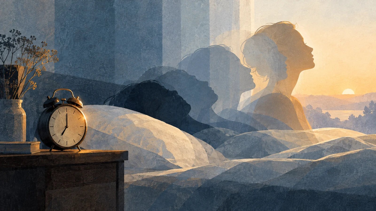 Illustration of a person waking beside an alarm clock with layered dawn colours