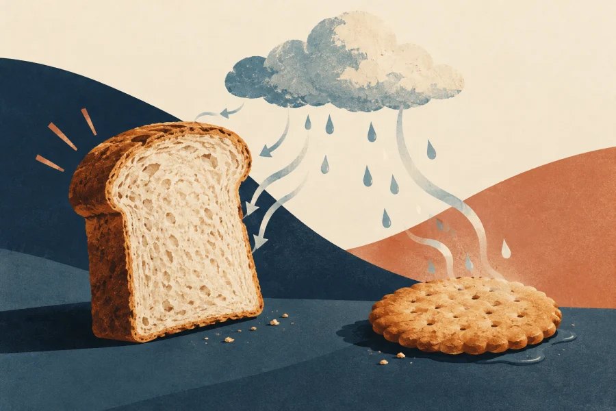 Bread firms while a biscuit absorbs moisture and softens