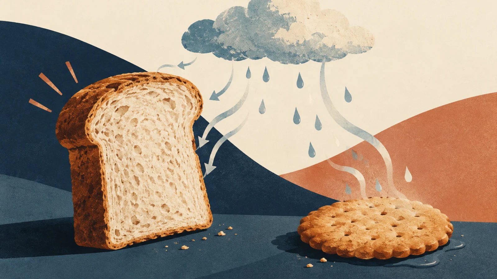 Bread firms while a biscuit absorbs moisture and softens
