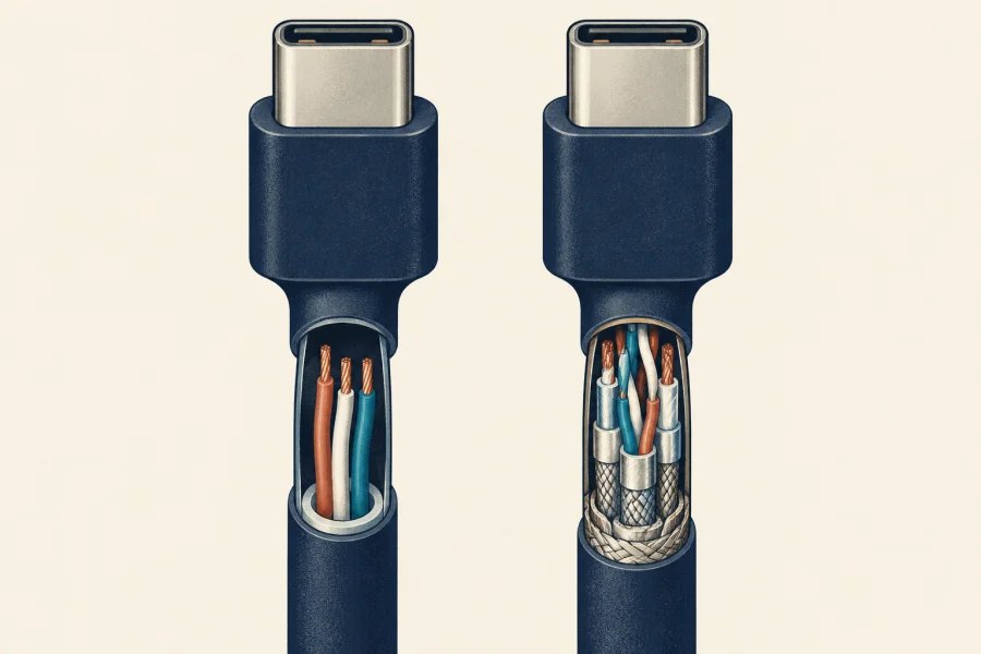 Two identical USB-C plugs shown with different internal cable wiring, one simple and one densely shielded.