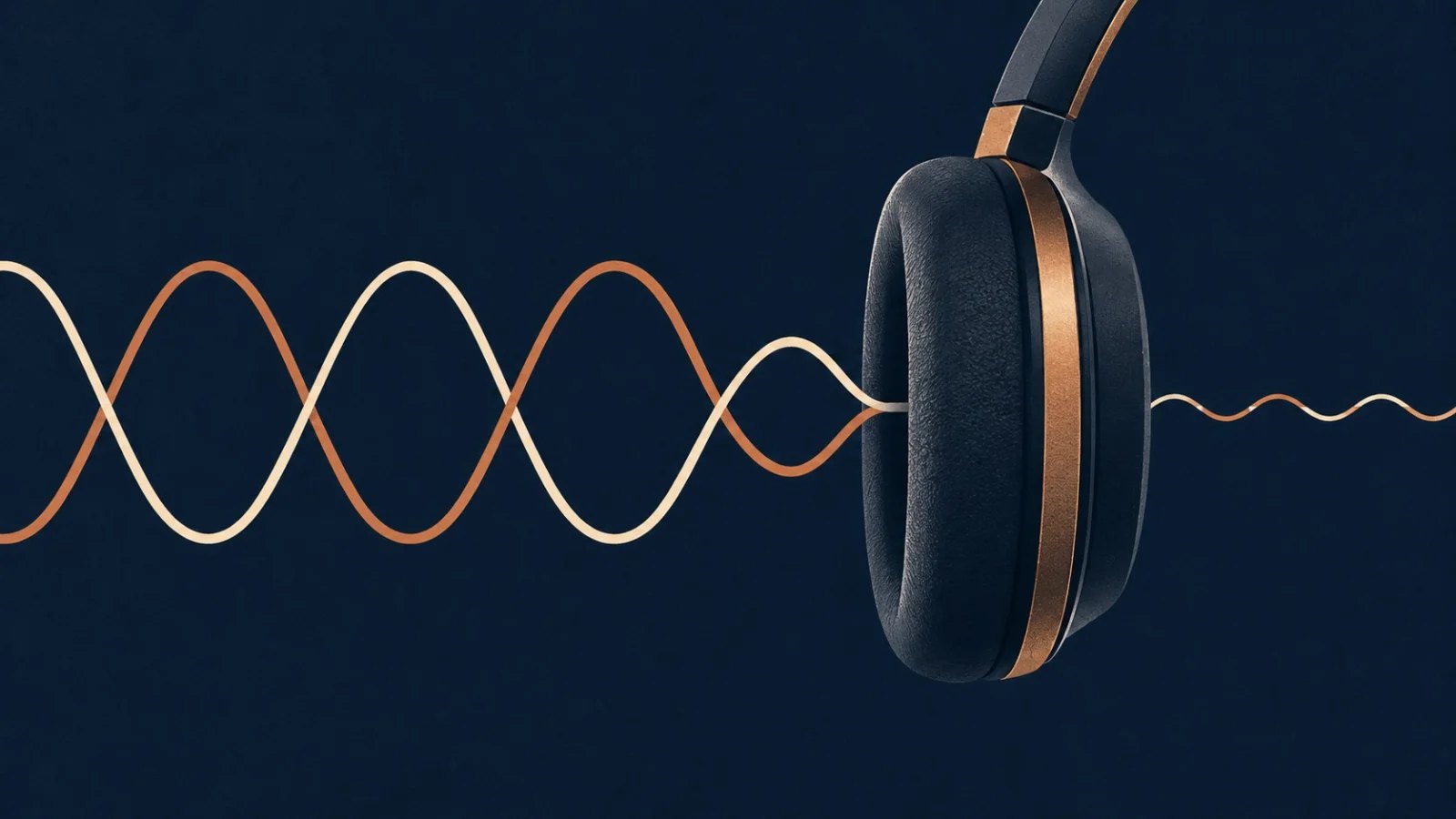 Two opposing sound waves meet at an over-ear headphone cup and continue as a smaller wave