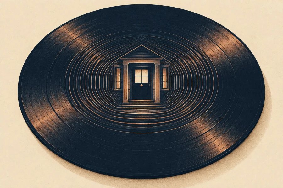 The grooves of a dark record circle towards the doorway of a remembered home.