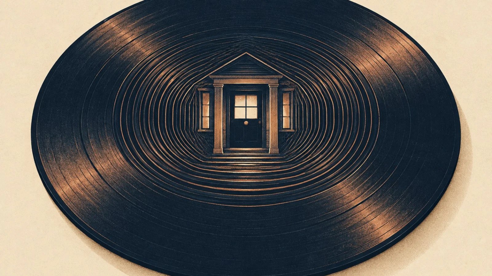 The grooves of a dark record circle towards the doorway of a remembered home.