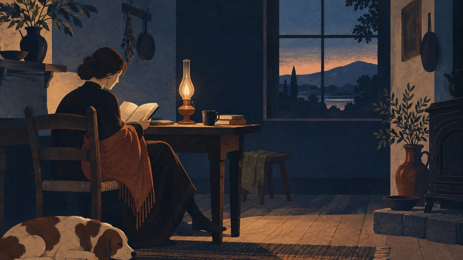 a pre-electric evening interior with a single oil lamp and darkening window